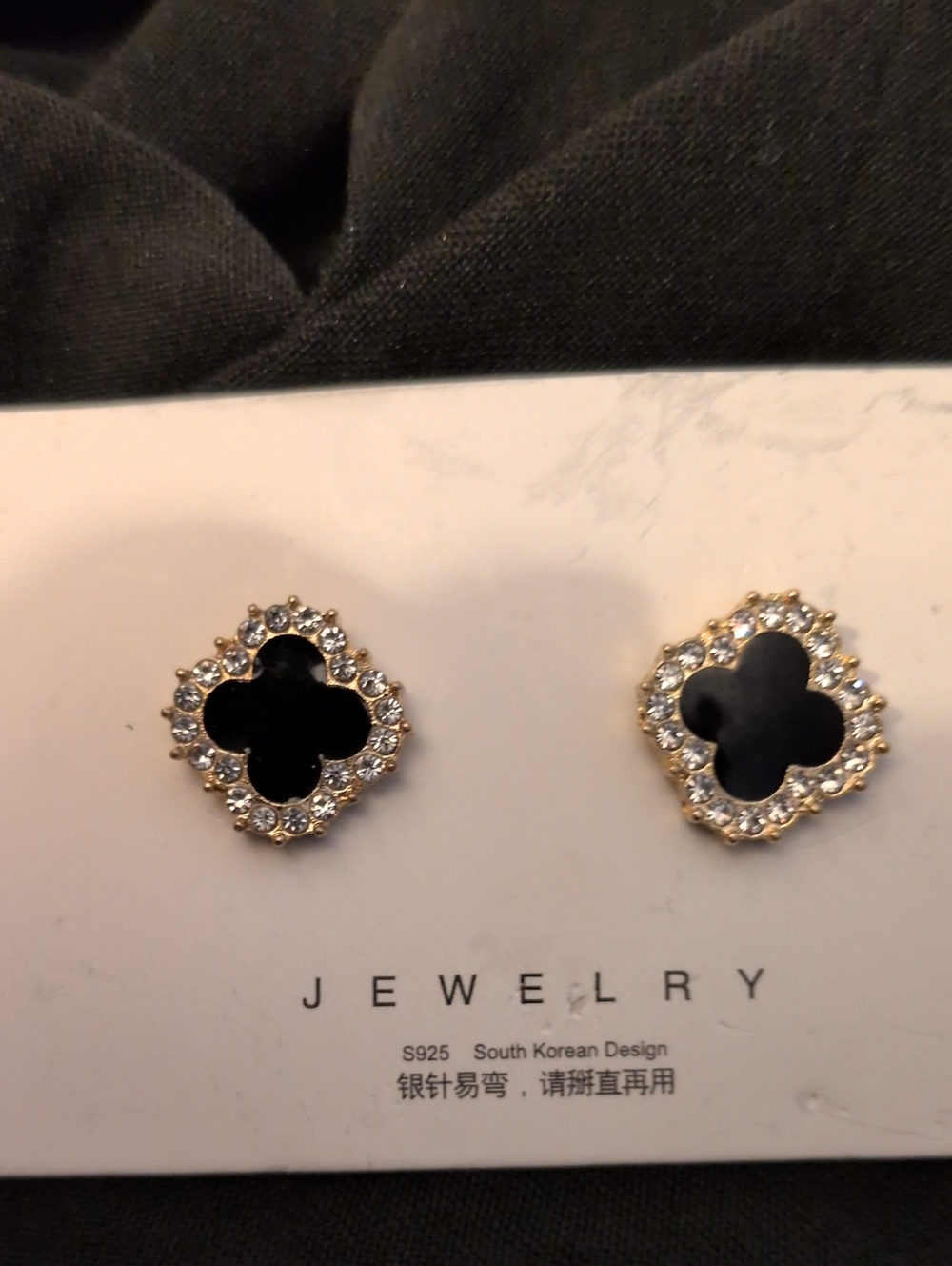 Gold Black Clover Stud Earrings with Crystal Halo